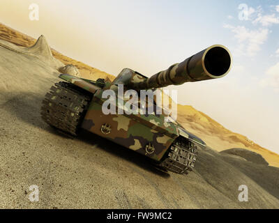 Tank in camouflage moving at the desert among the sands Stock Photo