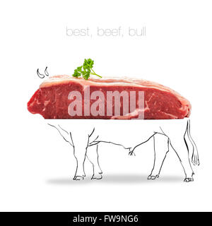 Raw rump steak with bull sketch isolated on white Stock Photo