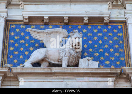 Detail of the Clock Tower lion. St. Mark's square, Venice, Veneto, Italy. Stock Photo