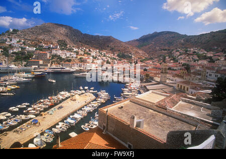 Overview of Hydra Harbor, Hydra, Greece Stock Photo