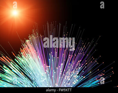 optical fibres dinamic flying from deep on technology background Stock Photo