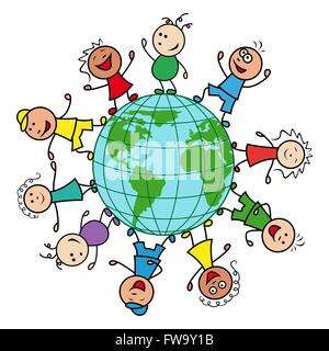 Happy people of different nationalities together around the globe celebrate the Earth Day, cartoon vector illustration Stock Vector