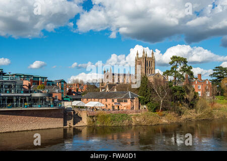 Hereford Cathedral across the River Wye, Herefordshire on a sunny Spring day Stock Photo