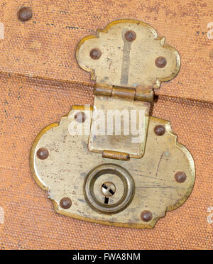 Old canvas trunk lock close up, vintage Stock Photo