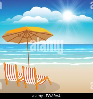 Chairs, umbrella,Seascape vector illustration. Paradise beach. Stock Vector