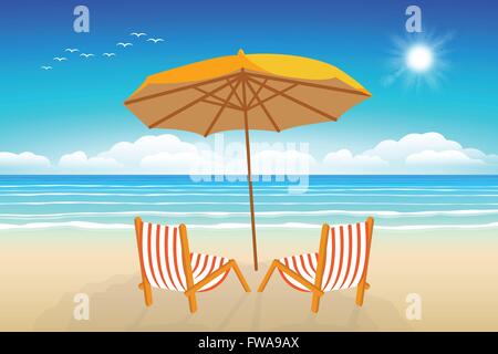 Chairs, umbrella,Seascape vector illustration. Paradise beach. Stock Vector