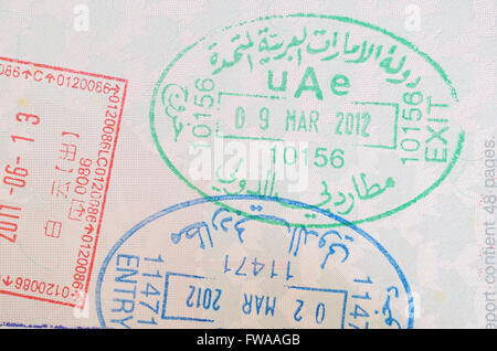 Entry and Exit passport stamps  United Arab Emirates in a Canadian passport Stock Photo