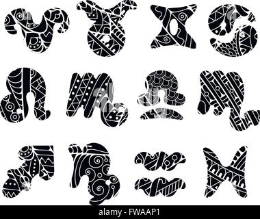 Zentangle zodiac icons. Funny bubble style for children or party. Vector collection. Stock Vector