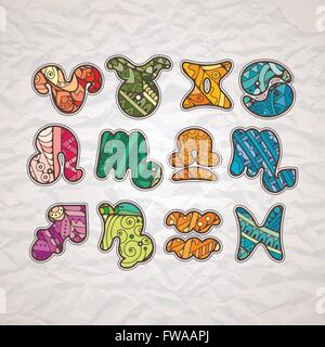 Zentangle zodiac icons. Funny bubble style for children or party. Vector collection. Stock Vector