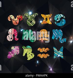 Zentangle zodiac icons. Funny bubble style for children or party. Vector collection. Stock Vector