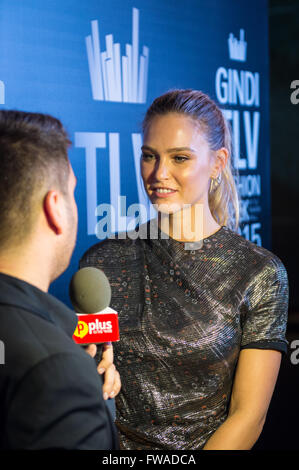 Israeli model Bar Refaeli gives an interview during opening gala of Gindi TLV fashion week on 18 th October in Tel Aviv, Israel Stock Photo