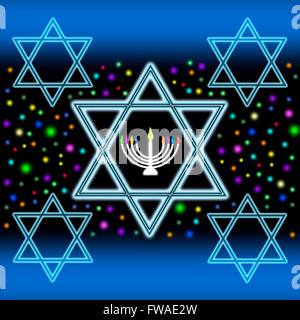 Dark festive background with Jewish symbols and colorful lights Stock Photo
