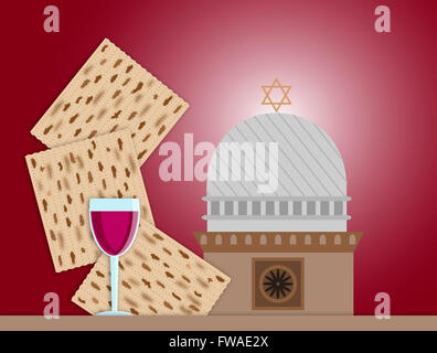 Three matzah plate and glass of wine in front of Synagogue Stock Photo