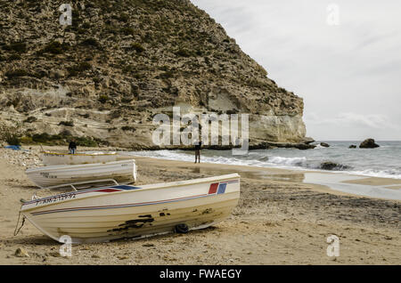 A white boats view in Aguamarga beach, Almeria province, Spain Stock Photo