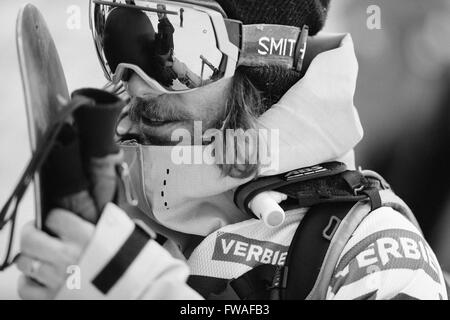 VERBIER, Switzerland: April, 2, 2016 Snowboard World Freeride Champion Sammy Luebke of the USA. Stock Photo