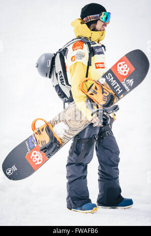 VERBIER, Switzerland: April, 2, 2016 Snowboard World Freeride Champion Sammy Luebke of the USA. Stock Photo