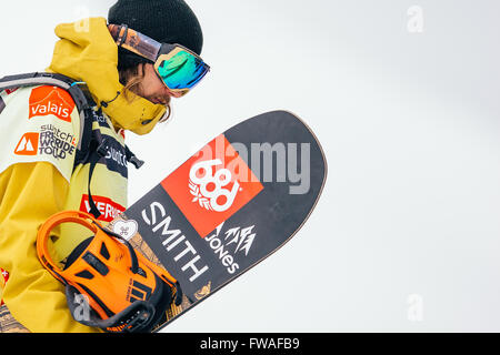 VERBIER, Switzerland: April, 2, 2016 Snowboard World Freeride Champion Sammy Luebke of the USA. Stock Photo