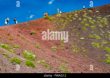 Tourists near the craters Silvestri. Mount Etna volcano. Nicolisi, Catania, Sicily, Italy Stock Photo