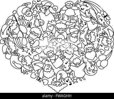 Coloring page with heart from black white angels and cupids. Card for Valentines Day line art. Stock Vector