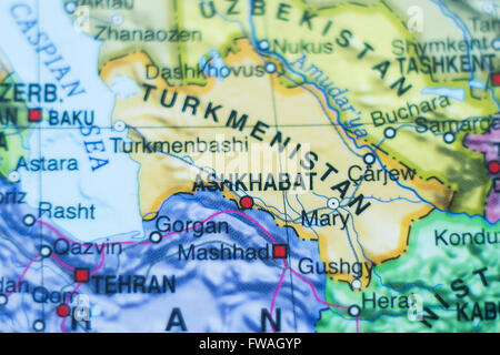 Photo of a map of Turkmenistan and the capital Ashkhabad . Stock Photo