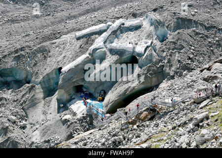 Entrance to the ice caves inside Mer de Glace glacier, Montenvers, Chamonix, Haute-Savoie, France. Stock Photo