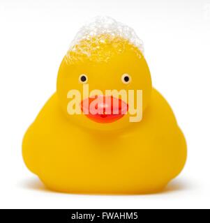 A toy yellow duck  with soap suds on top Stock Photo