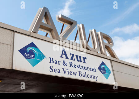 Entrance sign at the Azur bar and restaurant at the Marina Pavilion, St Leonards-on-Sea, East Sussex Stock Photo
