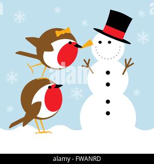 humorous Christmas card scene with cute robins putting a nose on a jolly snowman Stock Vector