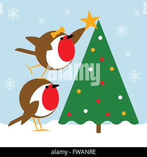 Christmas scene with cute robins placing a star on top of a Christmas tree. Winter scene with snow on the ground and festive lights in the tree. Stock Vector