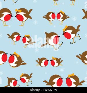 seamless pattern of robin redbreasts in the snow for use as Christmas wrapping paper background Stock Vector
