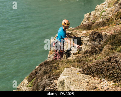 Male climber going over edge to descend South Stack Cliffs Isle of Anglesey North Wales  impressive and adventurous climbing experience Stock Photo