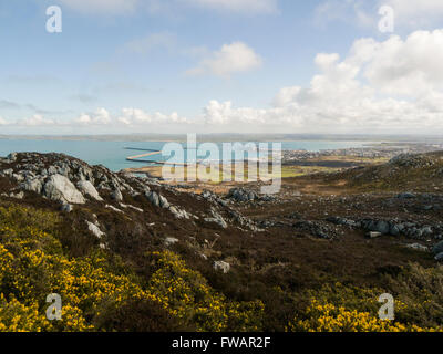 View Holyhead Ferry Port from Holyhead Mountain Isle of Anglesey North Wales with views Holyhead Bay and Irish Sea Stock Photo