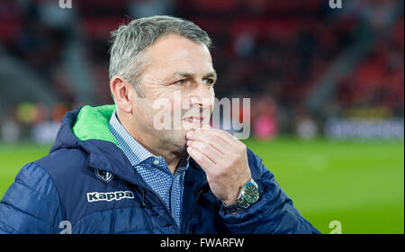 Wolfsburg's Sports Manager, Klaus Allofs, gestures during the German Bundesliga soccer match between Bayer Leverkusen and VfL Wolfsburg in the BayArena in Leverkusen, Germany, 01 April 2016. Photo: GUIDO KIRCHNER/dpa Stock Photo