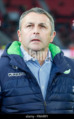 Wolfsburg's Sports Manager, Klaus Allofs, gives an interview at the German Bundesliga soccer match between Bayer Leverkusen and VfL Wolfsburg in the BayArena in Leverkusen, Germany, 01 April 2016. Photo: GUIDO KIRCHNER/dpa Stock Photo