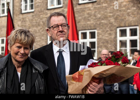 Copenhagen, Denmark, April 2nd, 2016. Former Danish PM and EU Commissioner, Poul Nyrup (R) and wife  arrives to the funeral of former Danish Prime Minister, Anker Joergensen, at Grundvigs Kirke, Copenhagen this afternoon. Credit:  OJPHOTOS/Alamy Live News Stock Photo