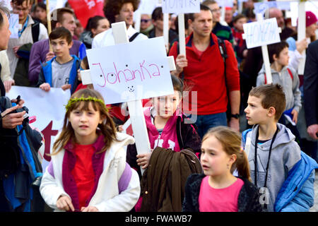 Prague, Czech Republic. 2nd April, 2016. Annual National March for Life - pro-life demonstration against abortion,organized by the Hnutí pro život (Pro-life Movement) and supported by the Greek Orthodox and Roman Catholic Churches Credit:  PjrNews/Alamy Live News