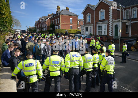 Exeter, Devon, UK. 2nd April, 2016. Argyll Fans Held on ST James Street after a 2-1 defeat Credit:  @camerafirm/Alamy Live News Stock Photo
