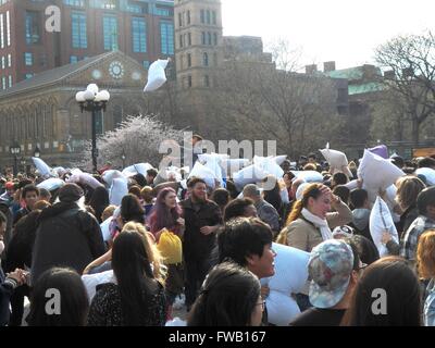 New York, USA. 02nd Apr, 2016. Once a year in April, individuals in New York City grab their most essential and fluffiest sleeping aids and head to the International Pillow Fight Day: This year 2016 it was in Washington Square Park. International Pillow Fight Day: provides locals a friendly opportunity to bombard a stranger or friend with multiple pillow whacks Credit:  Mark Apollo/Alamy Live News Stock Photo