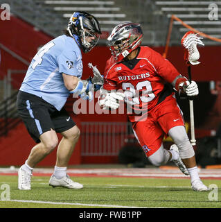 Piscataway, NJ, USA. 2nd Apr, 2016. Josh Jordan (23) carries the ball during an NCAA Lacrosse game between the Johns Hopkins Blue Jays and the Rutgers Scarlet Knights at High Point Solutions Stadium in Piscataway, NJ. Rutgers defeated Johns Hopkins 16-9. Mike Langish/Cal Sport Media. © csm/Alamy Live News Stock Photo