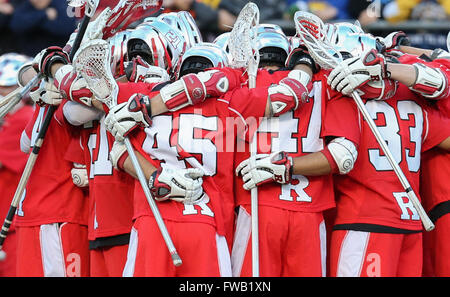 Piscataway, NJ, USA. 2nd Apr, 2016. The Rutgers Scarlet Knights get ready at the beginning of an NCAA Lacrosse game between the Johns Hopkins Blue Jays and the Rutgers Scarlet Knights at High Point Solutions Stadium in Piscataway, NJ. Rutgers defeated Johns Hopkins 16-9. Mike Langish/Cal Sport Media. © csm/Alamy Live News Stock Photo