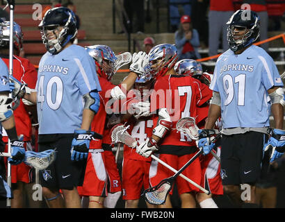 Piscataway, NJ, USA. 2nd Apr, 2016. The Scarlet Knights celebrate Scott Bieda's (47) goal during an NCAA Lacrosse game between the Johns Hopkins Blue Jays and the Rutgers Scarlet Knights at High Point Solutions Stadium in Piscataway, NJ. Rutgers defeated Johns Hopkins, 16-9. Mike Langish/Cal Sport Media. © csm/Alamy Live News Stock Photo