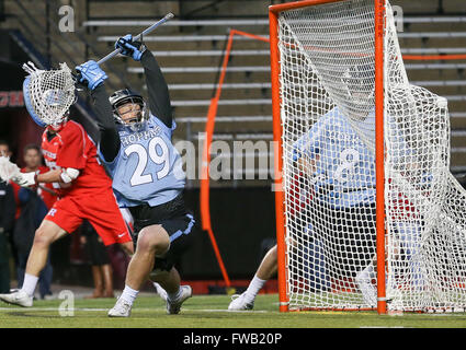 Piscataway, NJ, USA. 2nd Apr, 2016. Johns Hopkins goalkeeper Brock Turnbaugh (29) allows a goal during an NCAA Lacrosse game between the Johns Hopkins Blue Jays and the Rutgers Scarlet Knights at High Point Solutions Stadium in Piscataway, NJ. Rutgers defeated Johns Hopkins, 16-9. Mike Langish/Cal Sport Media. © csm/Alamy Live News Stock Photo