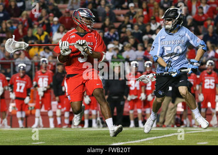 Piscataway, NJ, USA. 2nd Apr, 2016. Chad Toliver (3) looks to pass during an NCAA Lacrosse game between the Johns Hopkins Blue Jays and the Rutgers Scarlet Knights at High Point Solutions Stadium in Piscataway, NJ. Rutgers defeated Johns Hopkins, 16-9. Mike Langish/Cal Sport Media. © csm/Alamy Live News Stock Photo