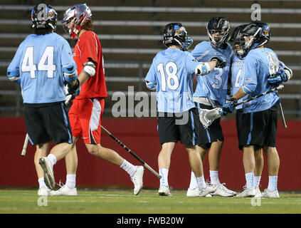 Piscataway, NJ, USA. 2nd Apr, 2016. Johns Hopkins celebrate Ryan Brown's (4) goal during an NCAA Lacrosse game between the Johns Hopkins Blue Jays and the Rutgers Scarlet Knights at High Point Solutions Stadium in Piscataway, NJ. Rutgers defeated Johns Hopkins, 16-9. Mike Langish/Cal Sport Media. © csm/Alamy Live News Stock Photo