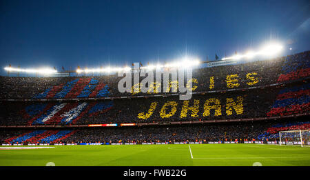 Barcelona. 2nd Apr, 2016. Football fans mark the words 'Thank you Johan' in memeory of the late Dutch football legend Johan Cruyff ahead of Spanish first division League football match between FC Barcelona and Real Madrid CF at the Camp Nou stadium in Barcelona on April 2, 2016. FC Barcelona lost 1-2. © Lino De Vallier/Xinhua/Alamy Live News Stock Photo