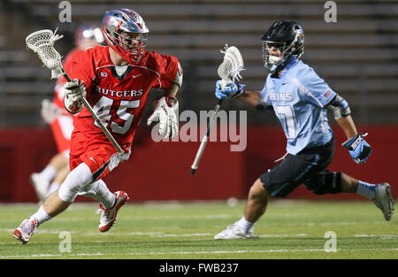 Piscataway, NJ, USA. 2nd Apr, 2016. Rutgers Alex Schoen (45) runs the ball upfield during an NCAA Lacrosse game between the Johns Hopkins Blue Jays and the Rutgers Scarlet Knights at High Point Solutions Stadium in Piscataway, NJ. Rutgers defeated Johns Hopkins, 16-9. Mike Langish/Cal Sport Media. © csm/Alamy Live News Stock Photo