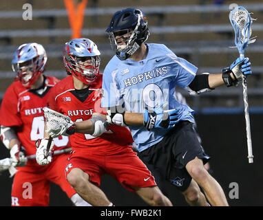Piscataway, NJ, USA. 2nd Apr, 2016. Wilkins Dismuke (9) runs with the ball during an NCAA Lacrosse game between the Johns Hopkins Blue Jays and the Rutgers Scarlet Knights at High Point Solutions Stadium in Piscataway, NJ. Rutgers defeated Johns Hopkins, 16-9. Mike Langish/Cal Sport Media. © csm/Alamy Live News Stock Photo