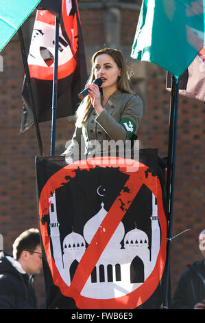Justyna Helcyk, Coordinator of ONR (National Radical Camp)delivers a speech  during anti immigrant and anti Muslim protest organized by Oboz  Narodowo-Radykalny (National Radical Camp) in Wroclaw, western Poland.  (Photo by Marcin Rozpedowski/Pacific
