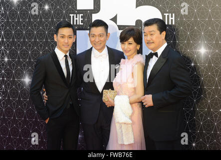 Hong Kong, China. 3rd Apr, 2016. Actress Angie Chiu (2nd R) and actor Andy Lau (2nd L) pose on the red carpet at the 35th Hong Kong Film Awards in Hong Kong, south China, April 3, 2016. © Liu Yun/Xinhua/Alamy Live News Stock Photo