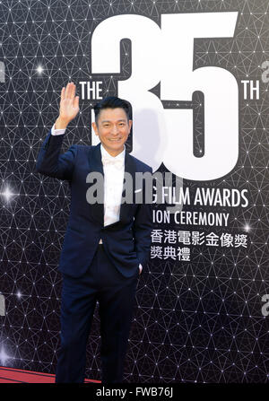 Hong Kong, China. 3rd Apr, 2016. Actor Andy Lau poses on the red carpet at the 35th Hong Kong Film Awards in Hong Kong, south China, April 3, 2016. © Liu Yun/Xinhua/Alamy Live News Stock Photo